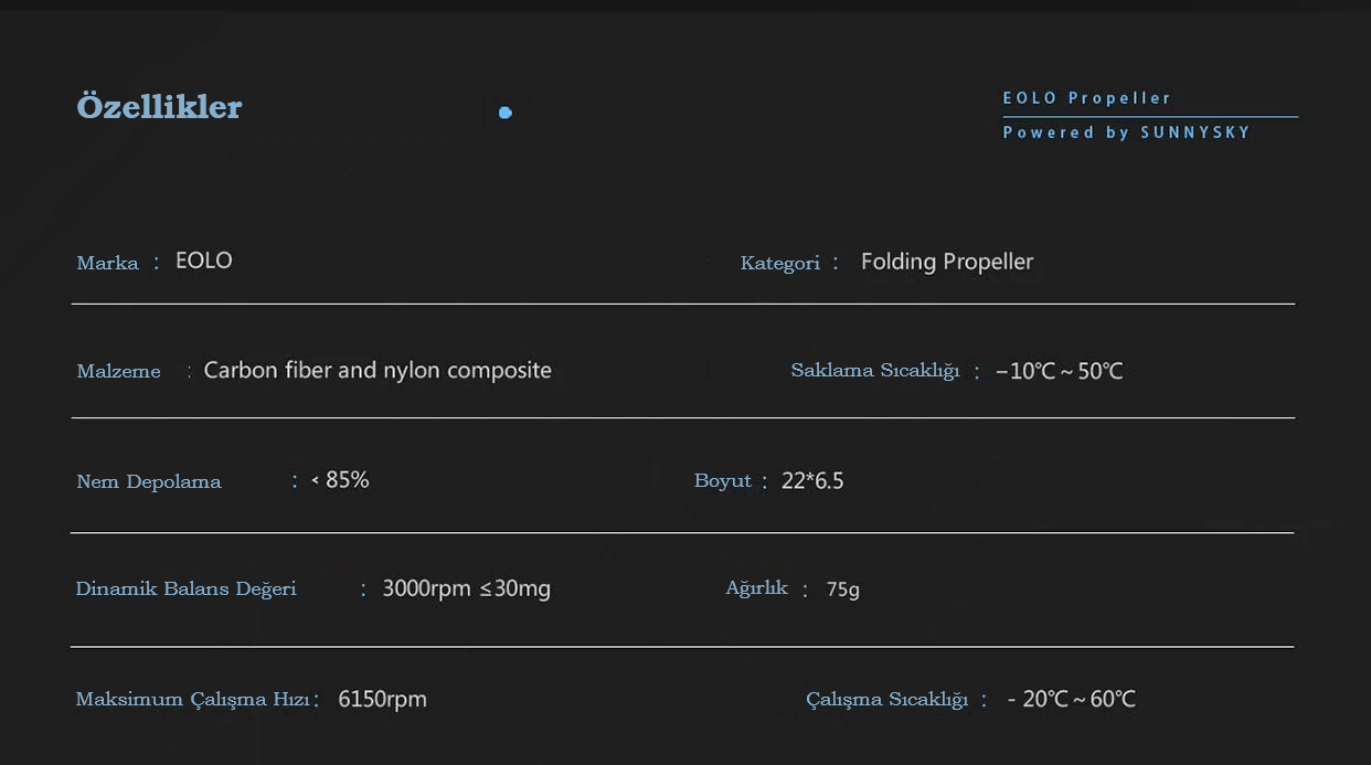 Eolo Katlanabilir Karbon Fiber ve Naylon Kompozit Pervane 22x6.5 inç, Eolo drone pervaneleri, drone yedek parça ve drone malzemeleri