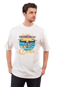 Ekru-Oversize Unisex Tişört-Drone Pilot Baskılı