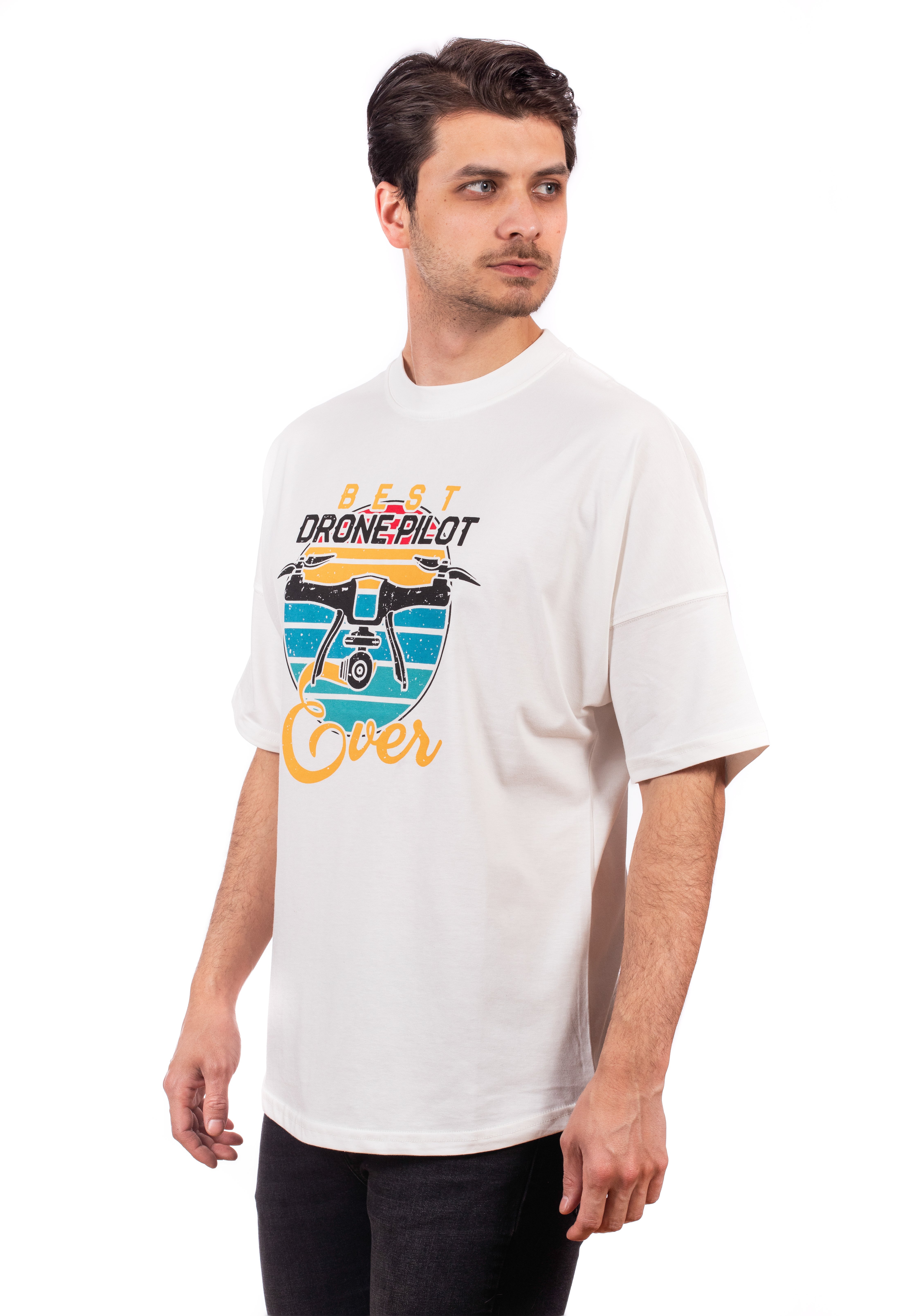 Ekru-Oversize Unisex Tişört-Drone Pilot Baskılı