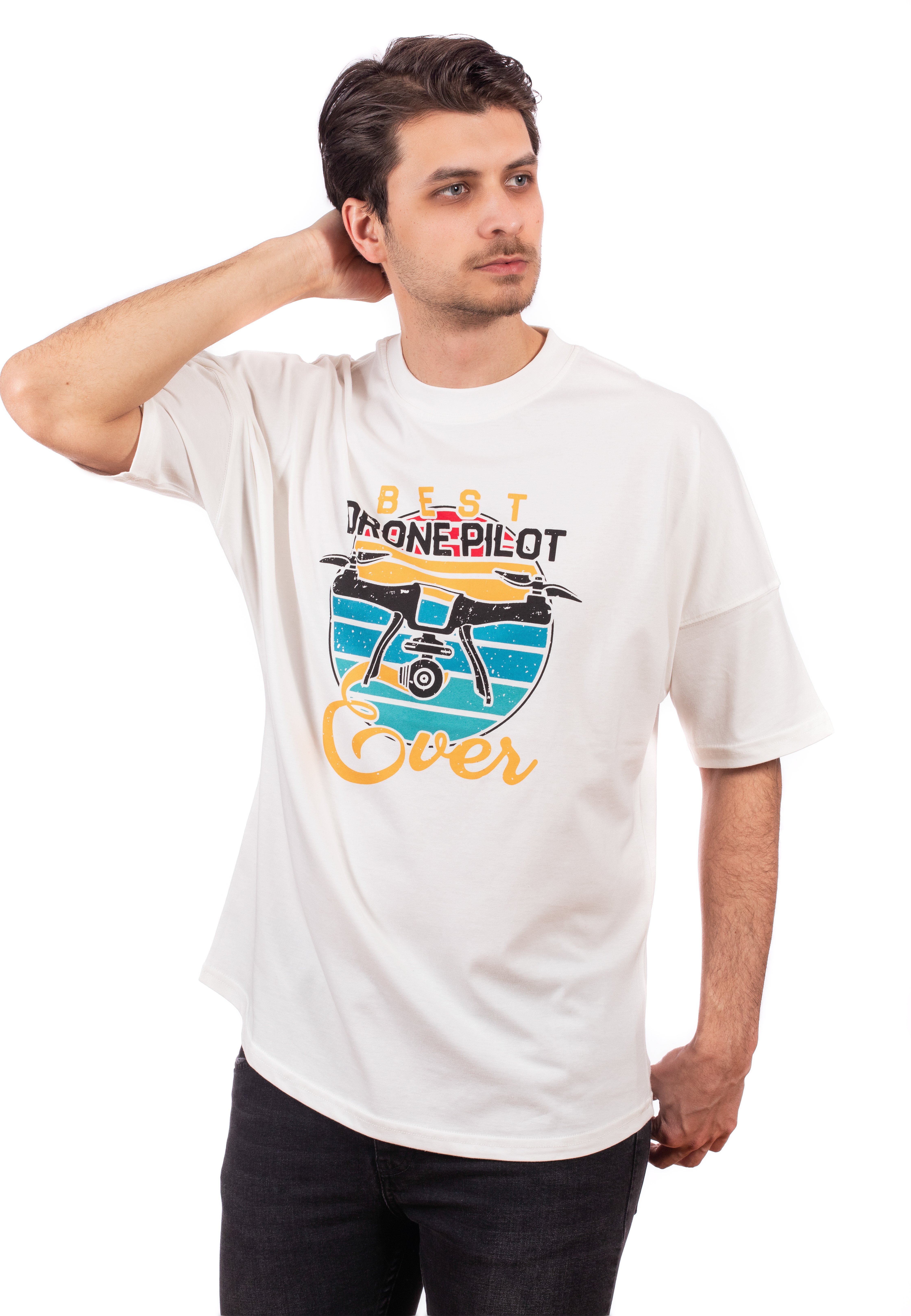 Ekru-Oversize Unisex Tişört-Drone Pilot Baskılı