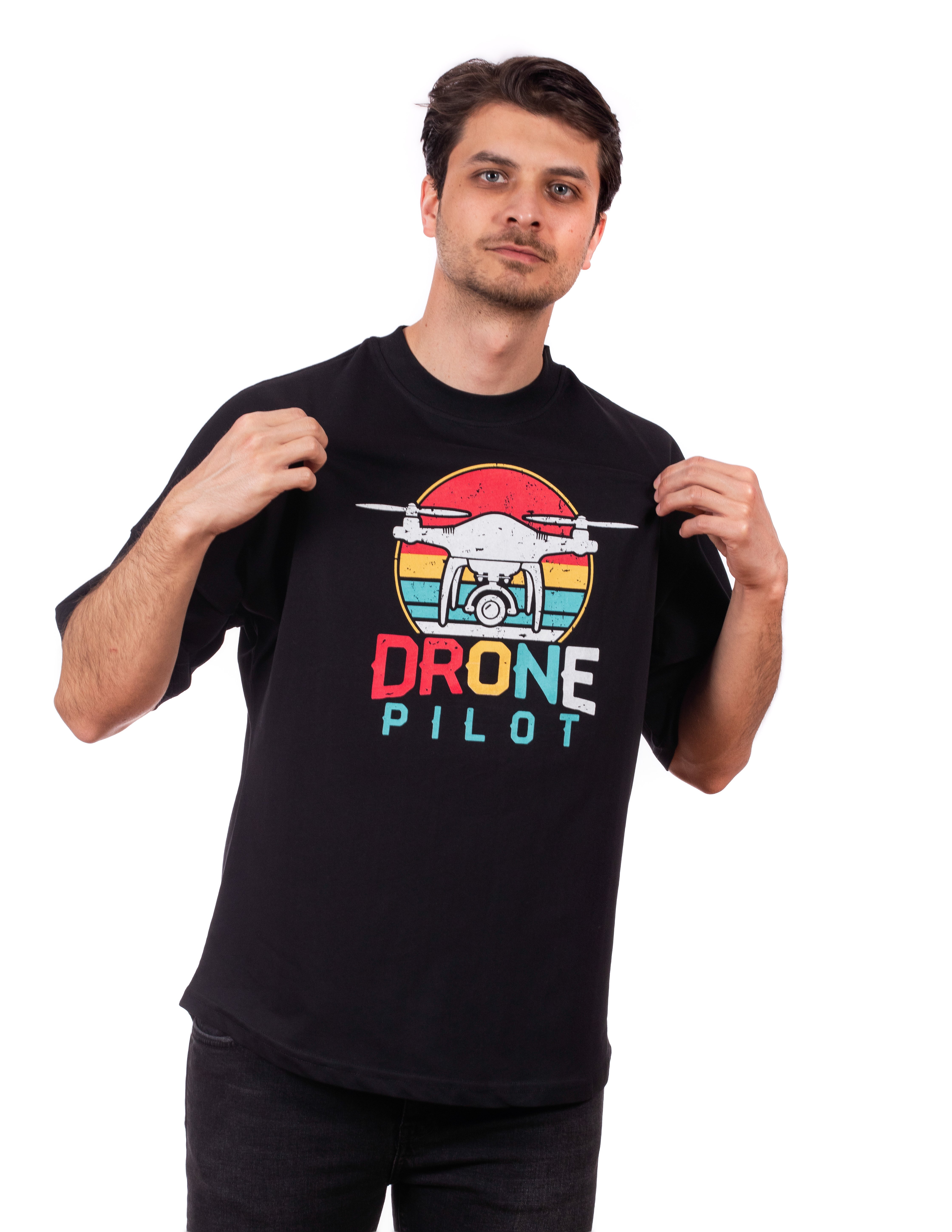 Siyah-Oversize Unisex Tişört-Drone Pilot Baskılı