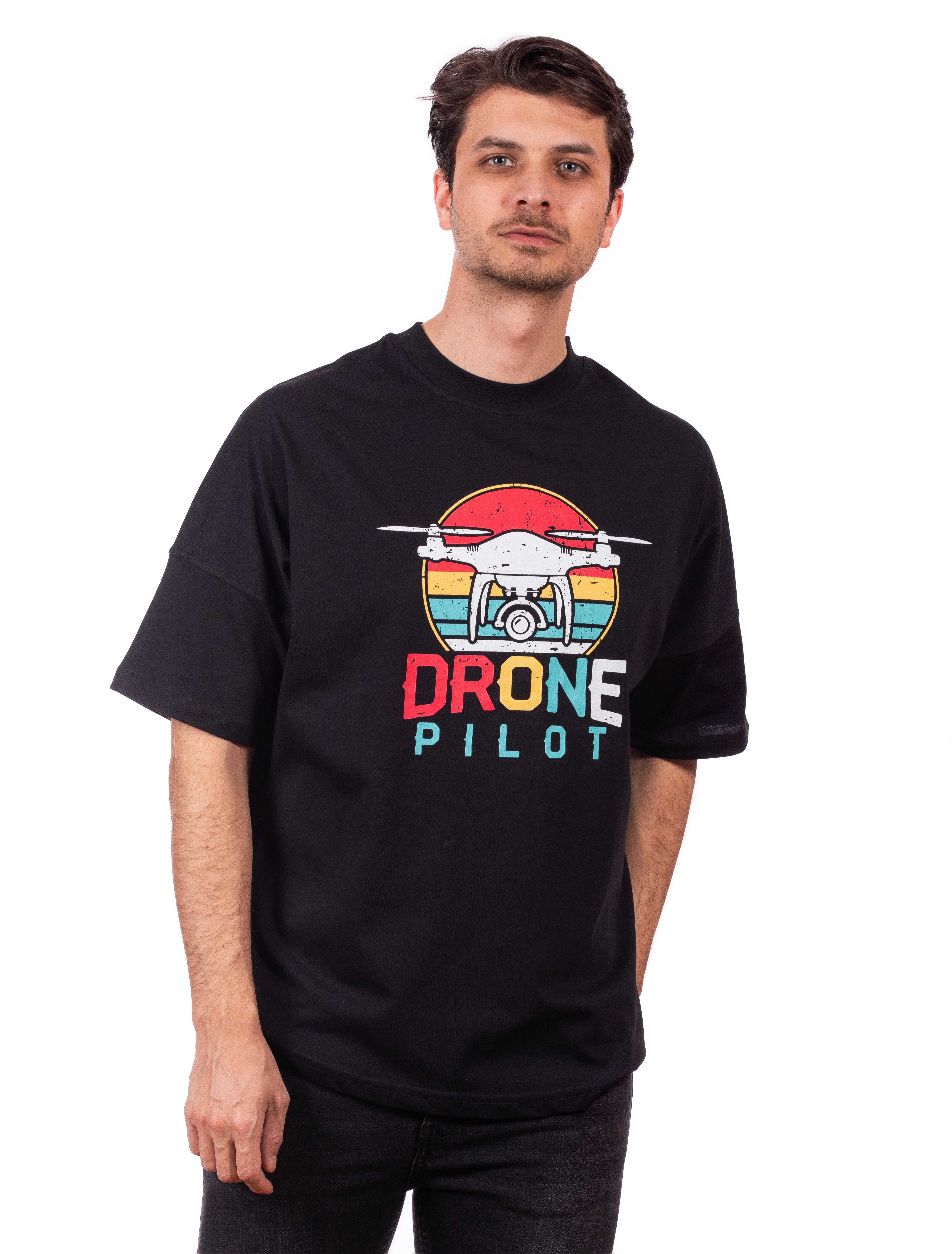 Siyah-Oversize Unisex Tişört-Drone Pilot Baskılı
