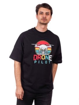 Siyah-Oversize Unisex Tişört-Drone Pilot Baskılı